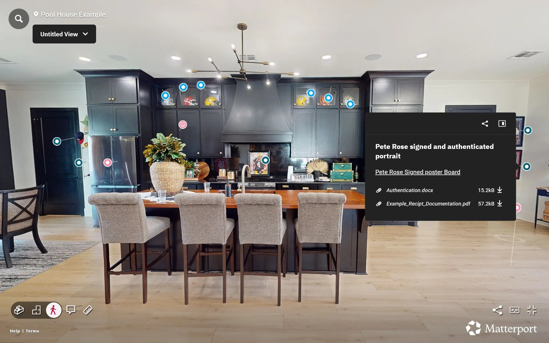 A documented kitchen inside a DHDO Matterport scan, with individual appliances and contents asset-tagged in place — make, model, serial number and purchase details recorded against each item