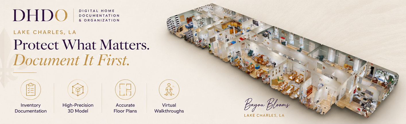 DHDO Lake Charles, LA — Protect What Matters. Document It First. A high-precision Matterport 3D model of Bayou Blooms in Lake Charles shown in cutaway dollhouse view, room by room. DHDO delivers inventory documentation, a high-precision 3D model, accurate floor plans, and virtual walkthroughs.