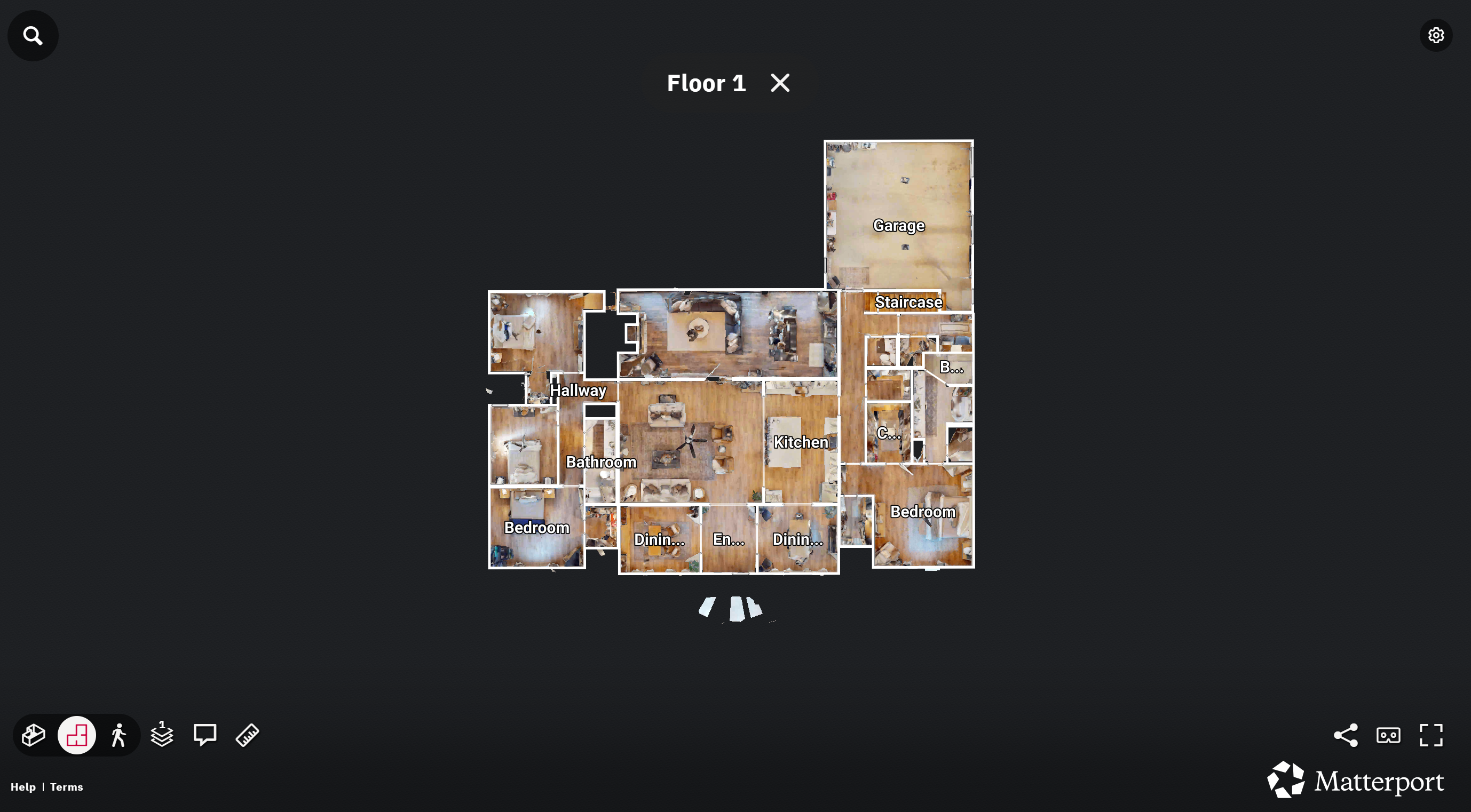 Overhead floor plan view of a documented home from a Matterport scan, with each room labelled - garage, bedrooms, kitchen, dining, bathrooms, hallway and staircase
