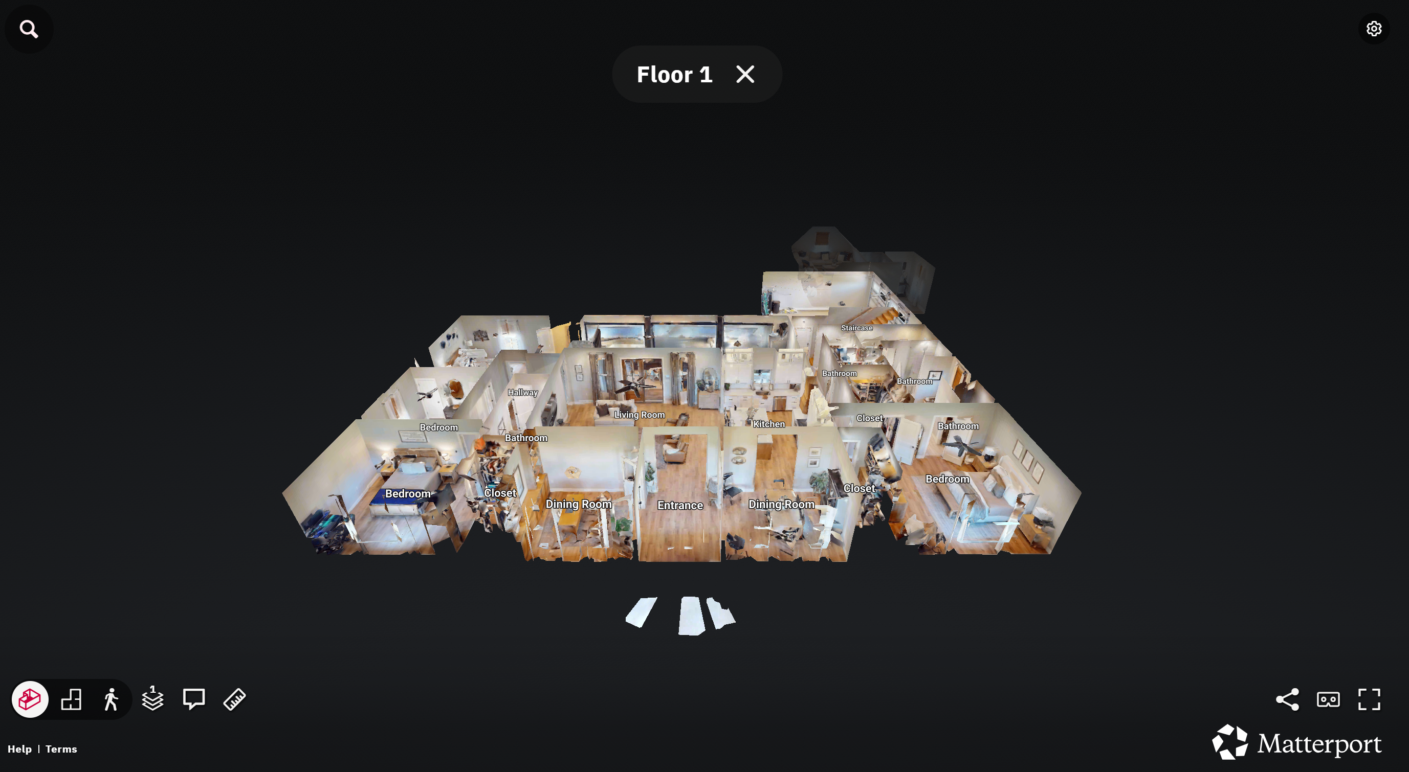 Matterport 3D dollhouse view of a documented home, cut away to show every labelled room at once - bedrooms, kitchen, living and dining rooms, bathrooms and closets