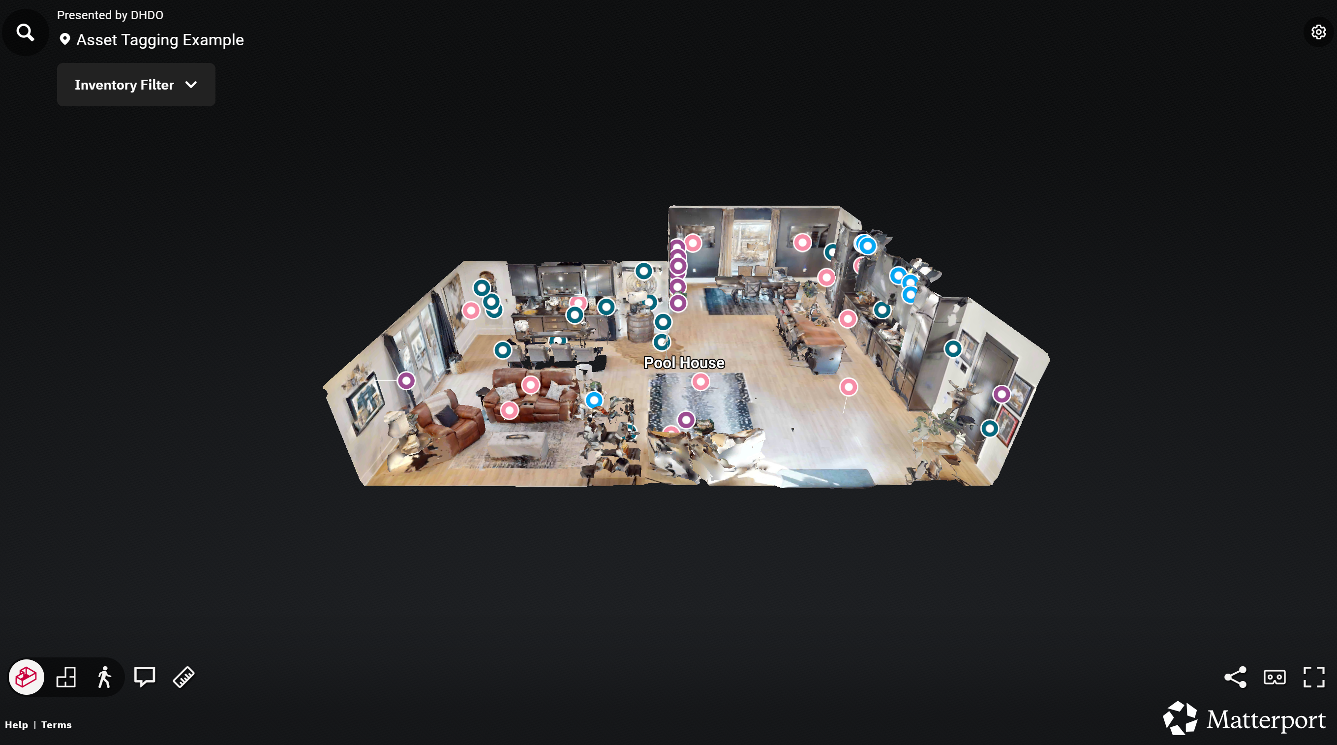 A documented property shown as a 3D dollhouse with individual inventory tags pinned to items throughout the space, presented in the DHDO portal