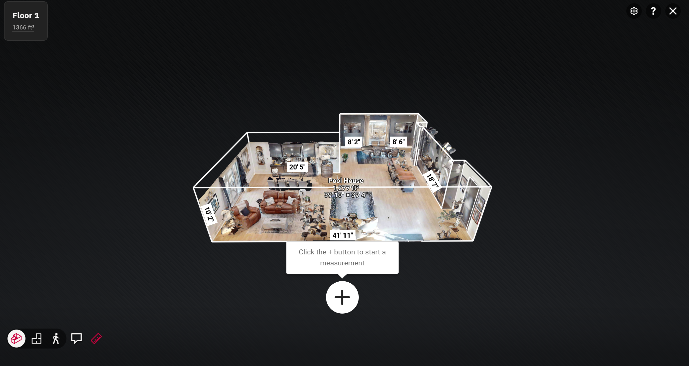 A documented space with Matterport measurements shown on the 3D model - total area 1,277 square feet and individual wall dimensions